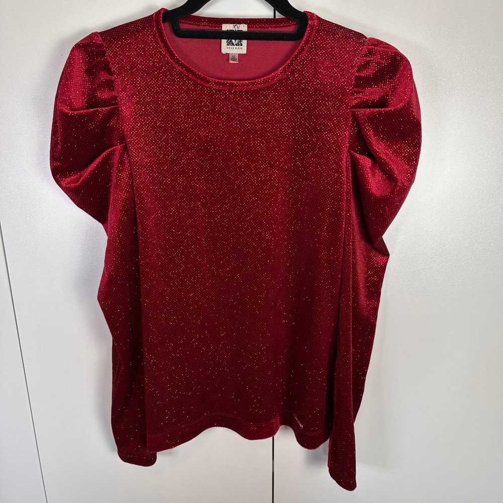 Anne Klein Womens XS Red Puff Sleeve Blouse Sparkle Holiday Party y2k‎